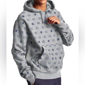 Champion All Over Logo Pullover Hoodie in Grey, Men's Size: Large